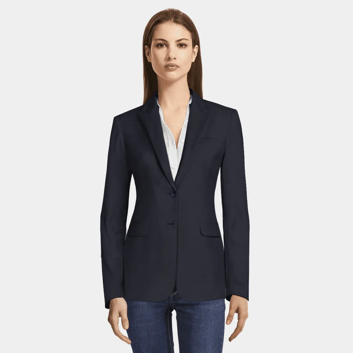 Blazer elástica color azul oscuro de entretiempo con solapa en pico